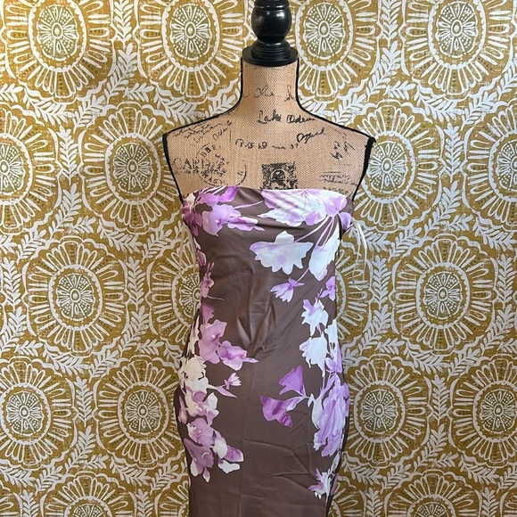 NWT Rococo Sand Stunning Satin Floral Strapless Maxi Dress Brown Pink FLAW Sz XS - Picture 8 of 16